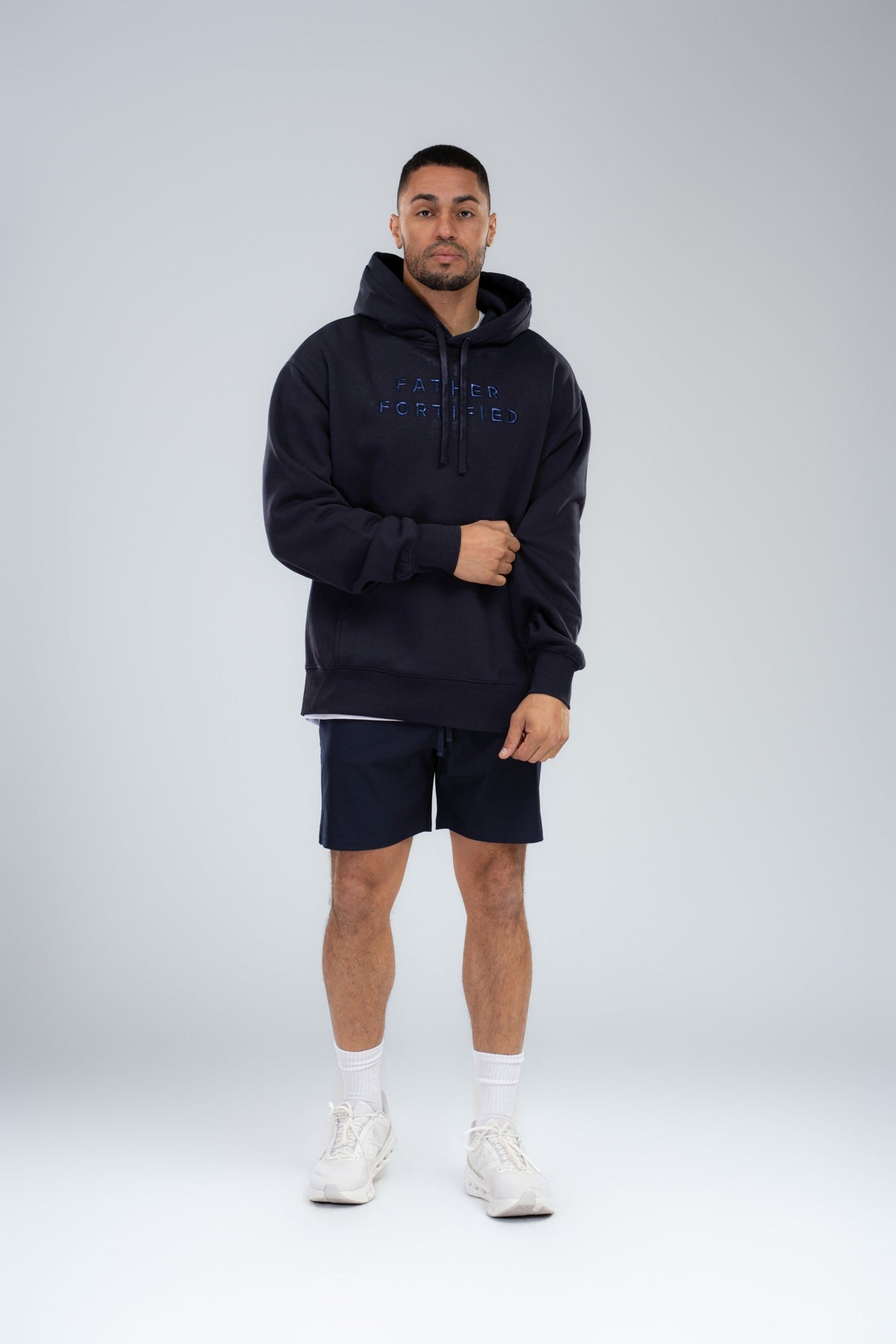 Mainstay Heavyweight Hoodie and Core Short 6.5 inch in Midnight, full training look