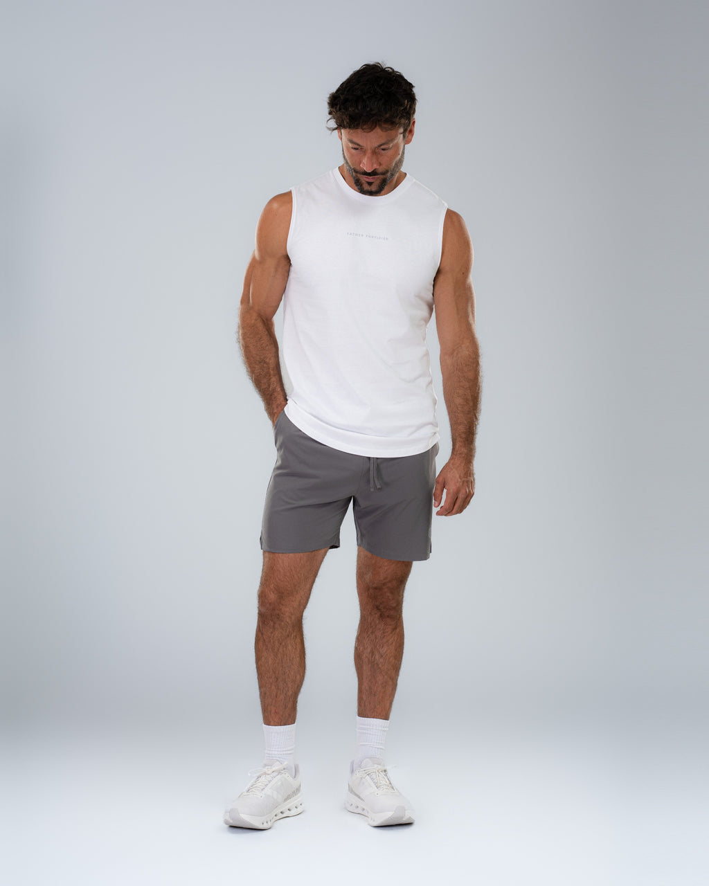 Core Short 6.5" in Stone, full-length front on model