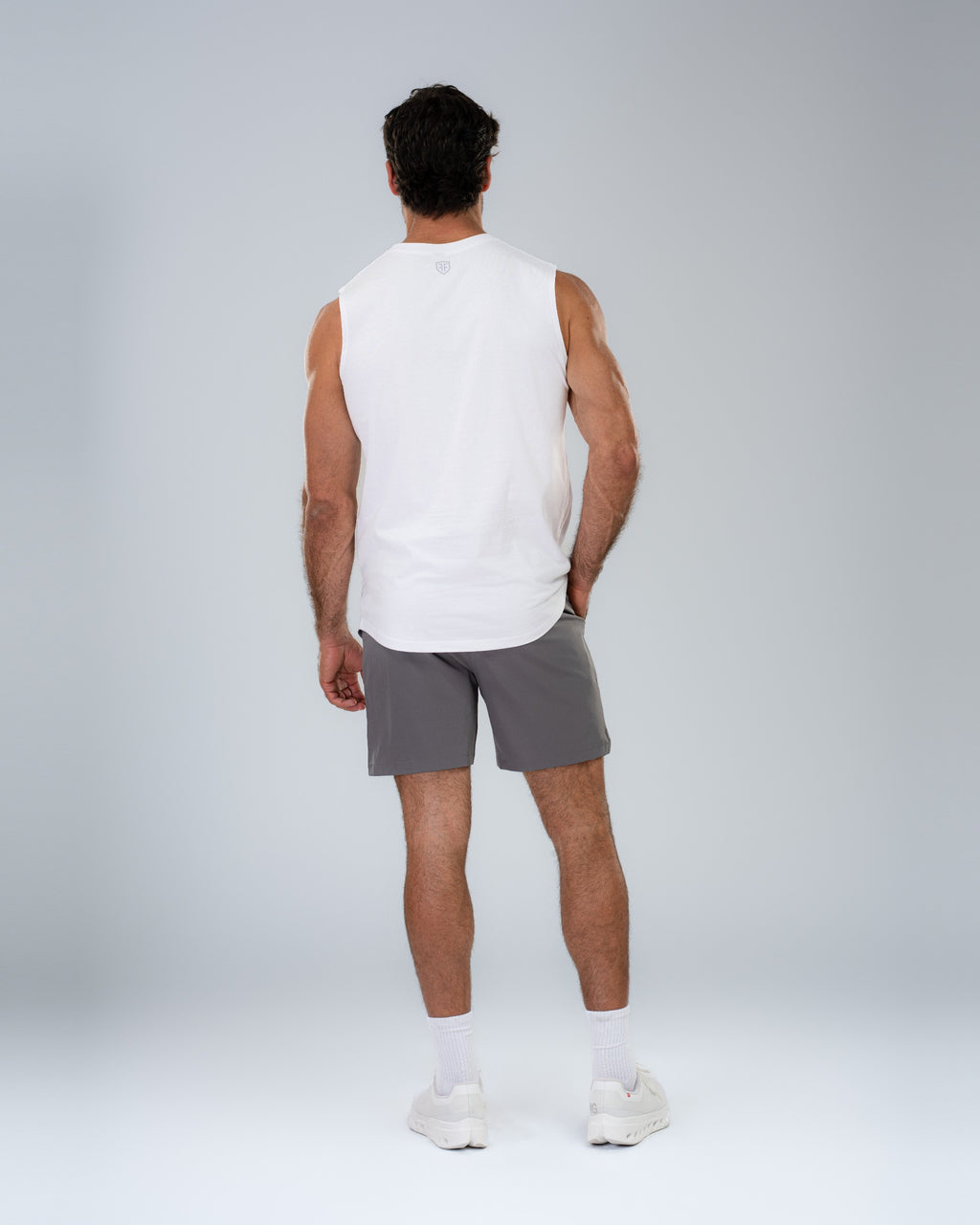 Forge Tank in White, full-length back on model