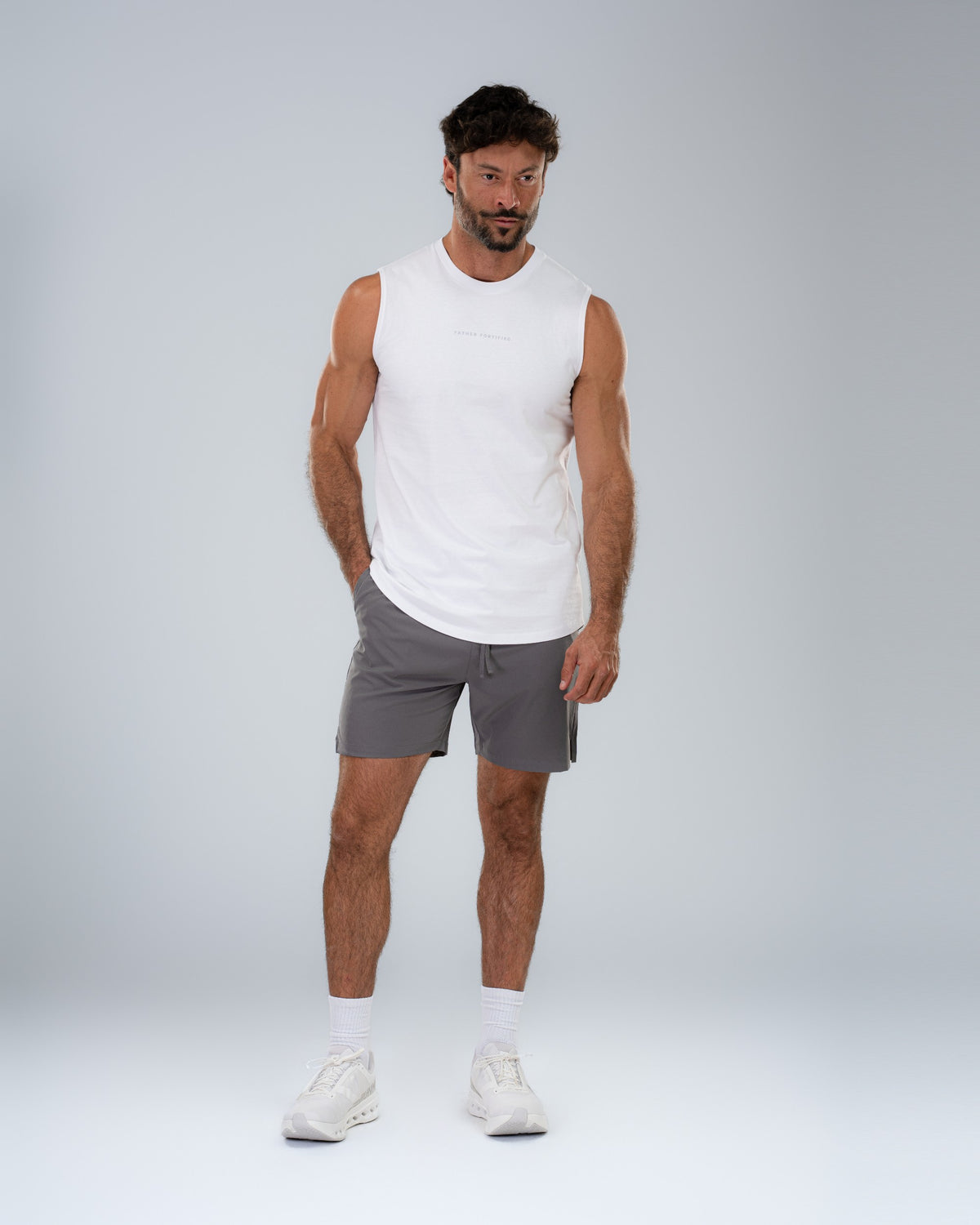 Forge Tank in White, full-length front on model