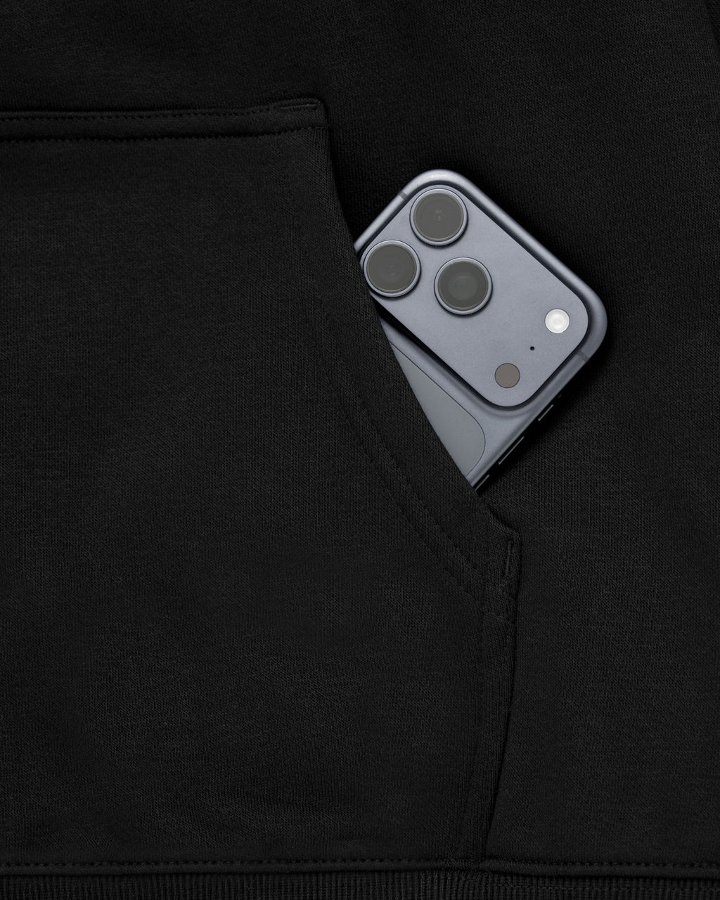 Mainstay Heavyweight Hoodie in Black, front pocket fits your phone