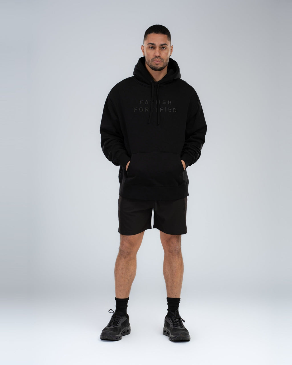Mainstay Heavyweight Hoodie in Black, full-length on model