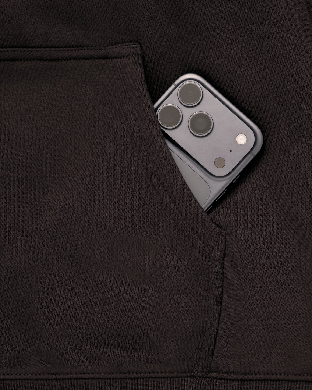 Mainstay Heavyweight Hoodie in Coal, front pocket fits your phone