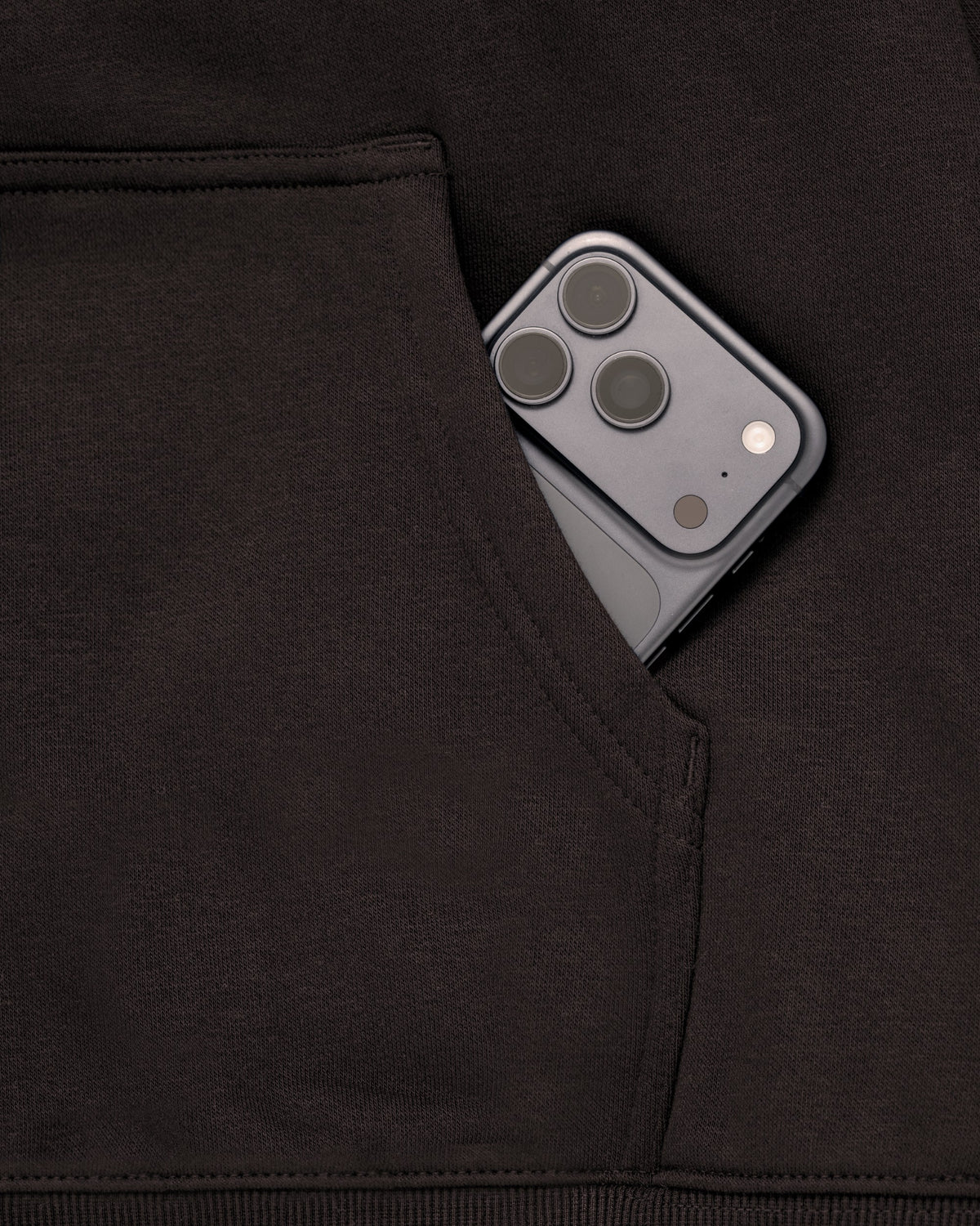 Mainstay Heavyweight Hoodie in Coal, front pocket fits your phone