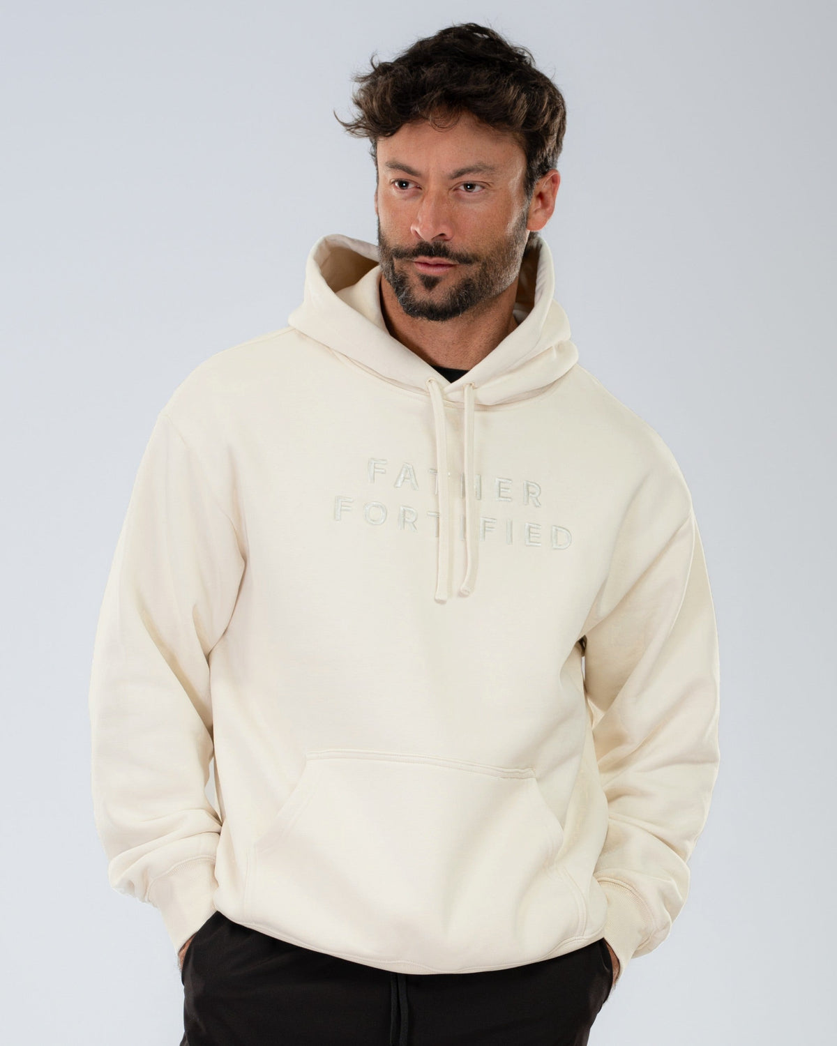 Mainstay Heavyweight Hoodie in Ecru, front on model