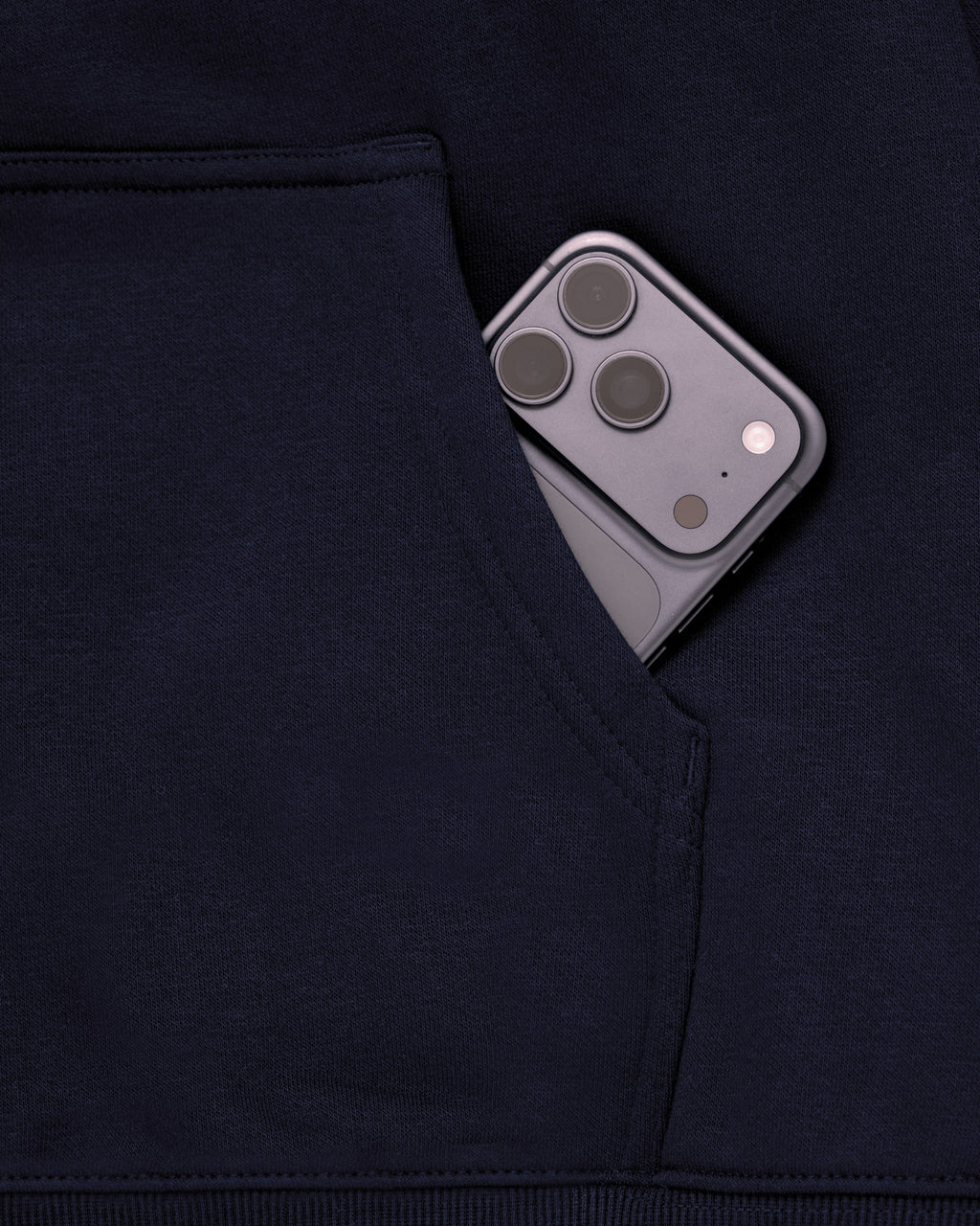 Mainstay Heavyweight Hoodie in Midnight, front pocket fits your phone